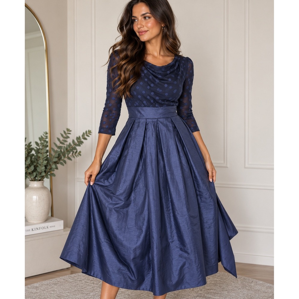 Jessica Howard Navy Blue Polka Dot Mesh Pleated Cocktail Dress 12P Petite